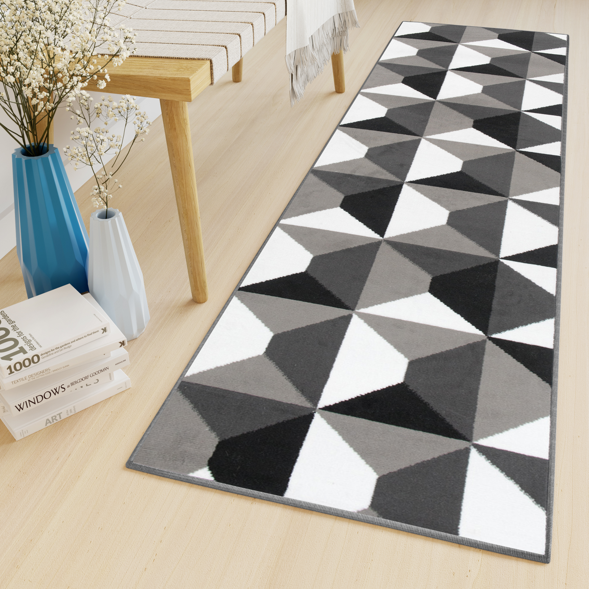 Covor Traversă Maya Gri Negru Geometric Pătrate