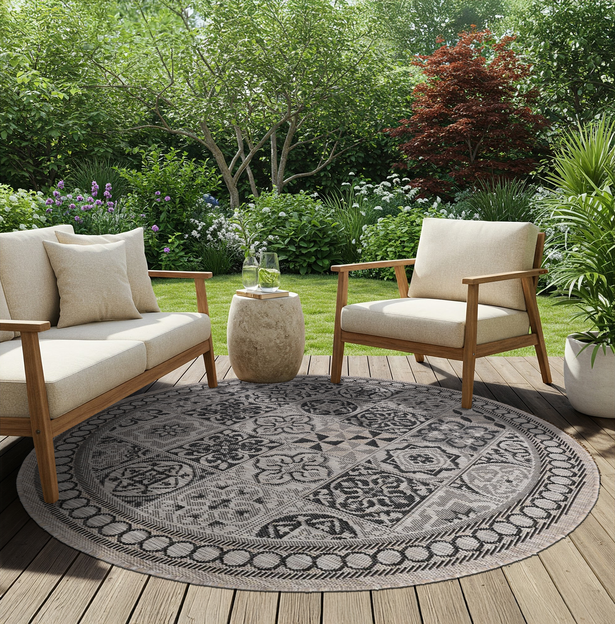 Covor Melissa Rotund Maro Negru Mozaic Indoor Outdoor