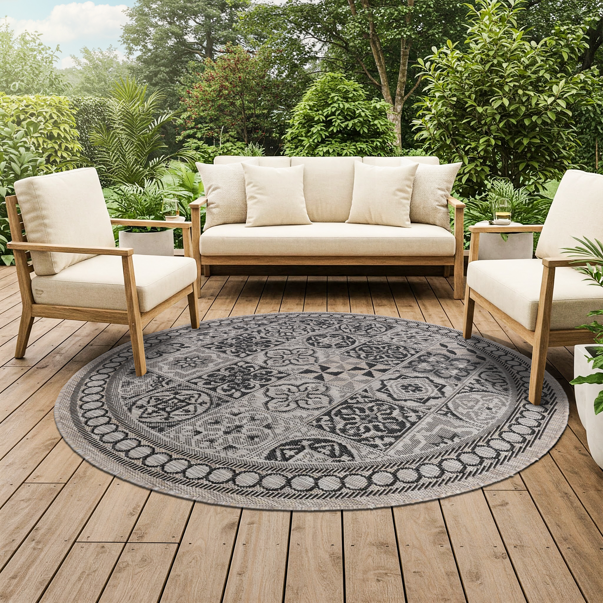 Covor Melissa Rotund Maro Negru Mozaic Indoor Outdoor