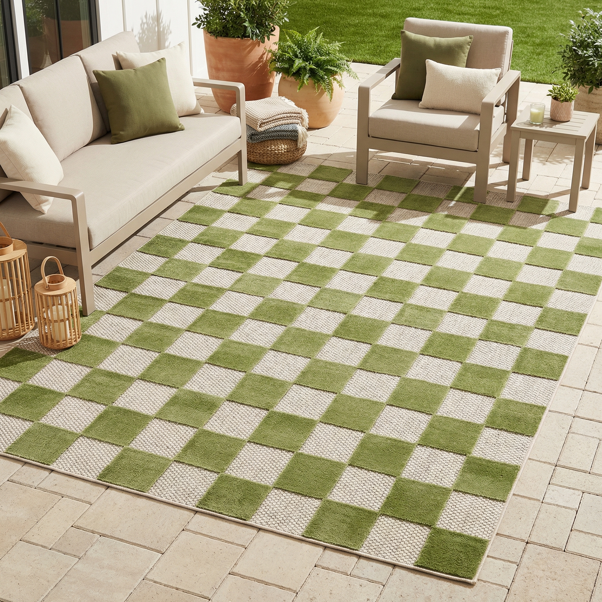 Covor Exterior Checker Crem Verde